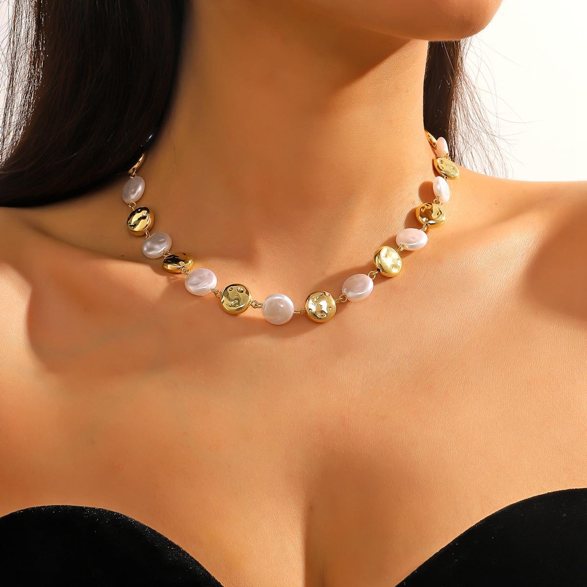 Gold Pearl Choker Necklace, Boho Beach Necklace with Charms, Waterproof Summer Jewelry for Women