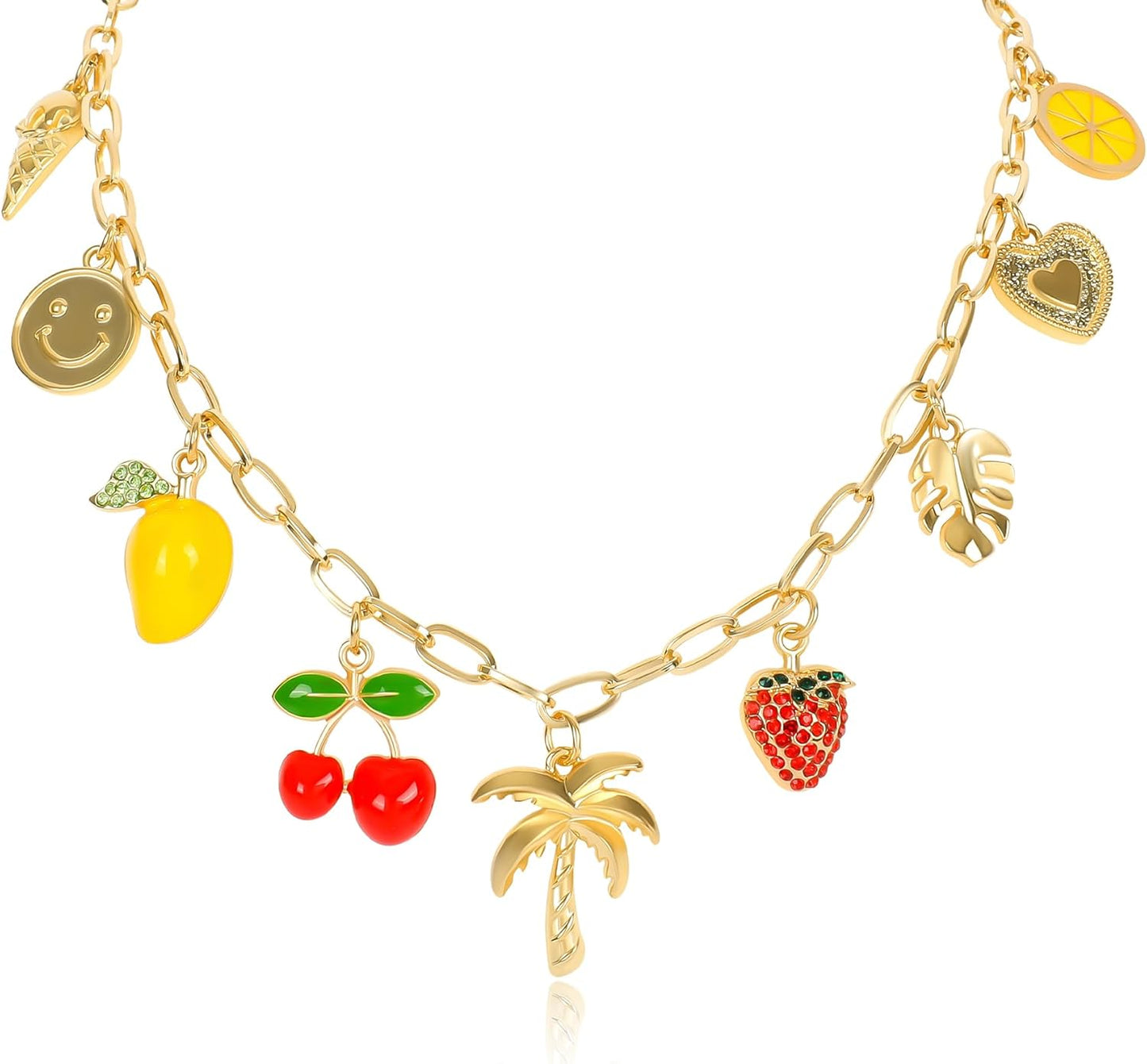 Gold Charm Necklace for Women Hawaii Style Necklace with Cute Dangle Coconut Tree Cherry Lemon Mango Strawberry Heart Fruit Bow Pendant Y2K Summer