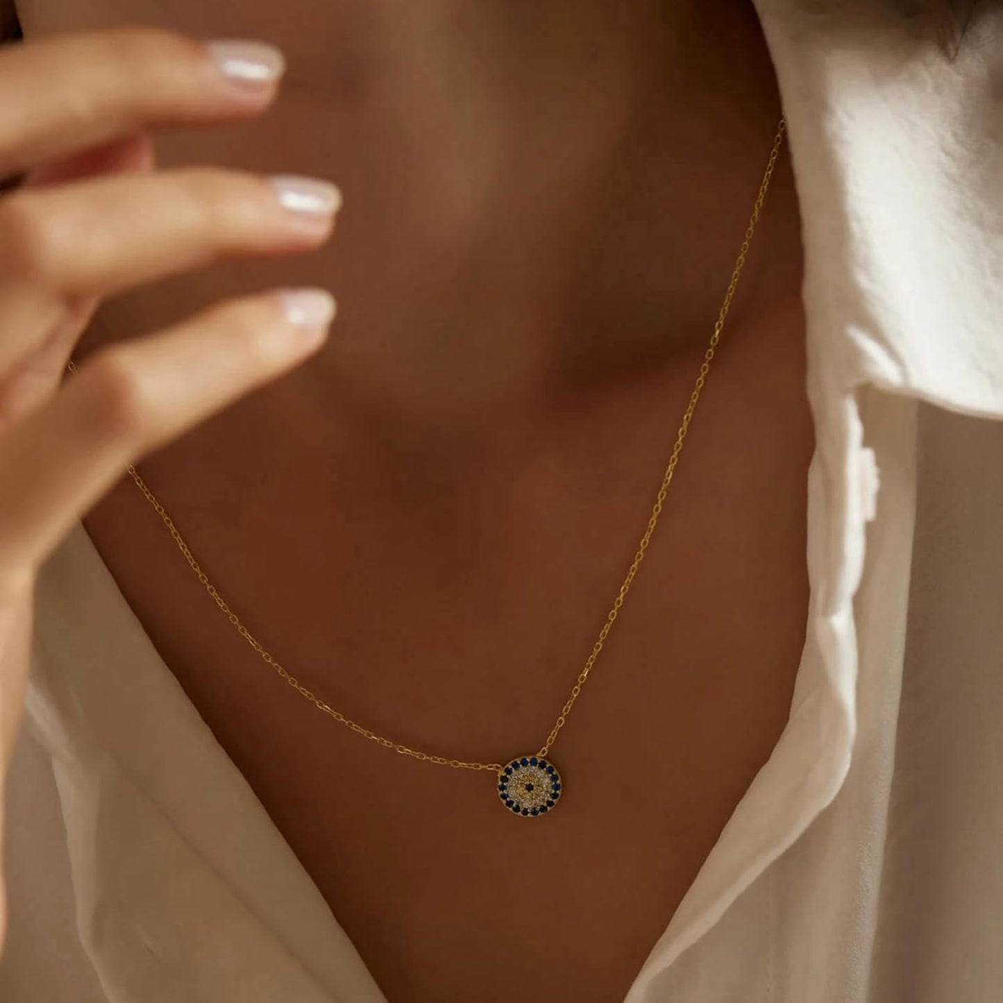Evil Eye Necklace: 14K Gold Plated Blue CZ Diamond Boho Pendant for Women, Protection Gift