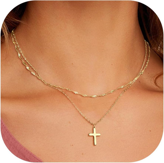 "14K Gold/Silver Plated Layered Cross Necklace, Dainty Stackable Choker with Simple Cross Pendant, Trendy Women’s Jewelry Gift"
