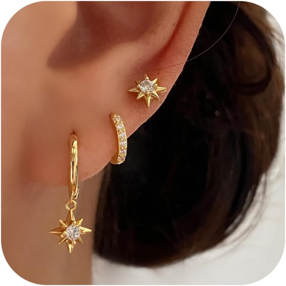 Gold Earrings for Women, 14k Gold Plated Dangle Huggie Earrings for Women Trendy Dainty Gold Hoop Earring Stacks  Pearl Chain Drop Cartilage