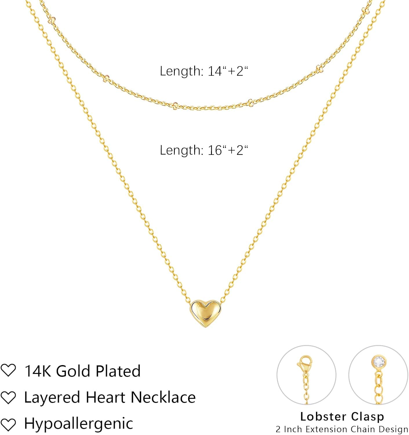 Layered Heart Necklace: 14K Gold Plated Puffy & Chunky Heart Pendants - Adjustable Dainty Choker for Her