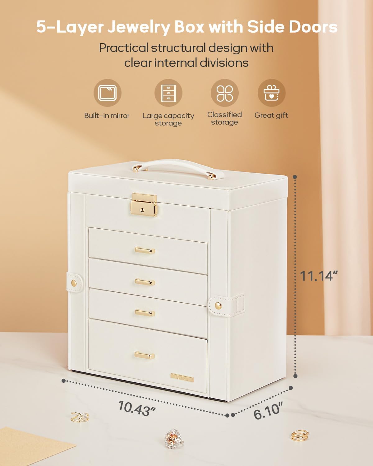 Synthetic Leather Huge Jewelry Box Mirrored Watch Organizer Necklace Ring Earring Storage Lockable
