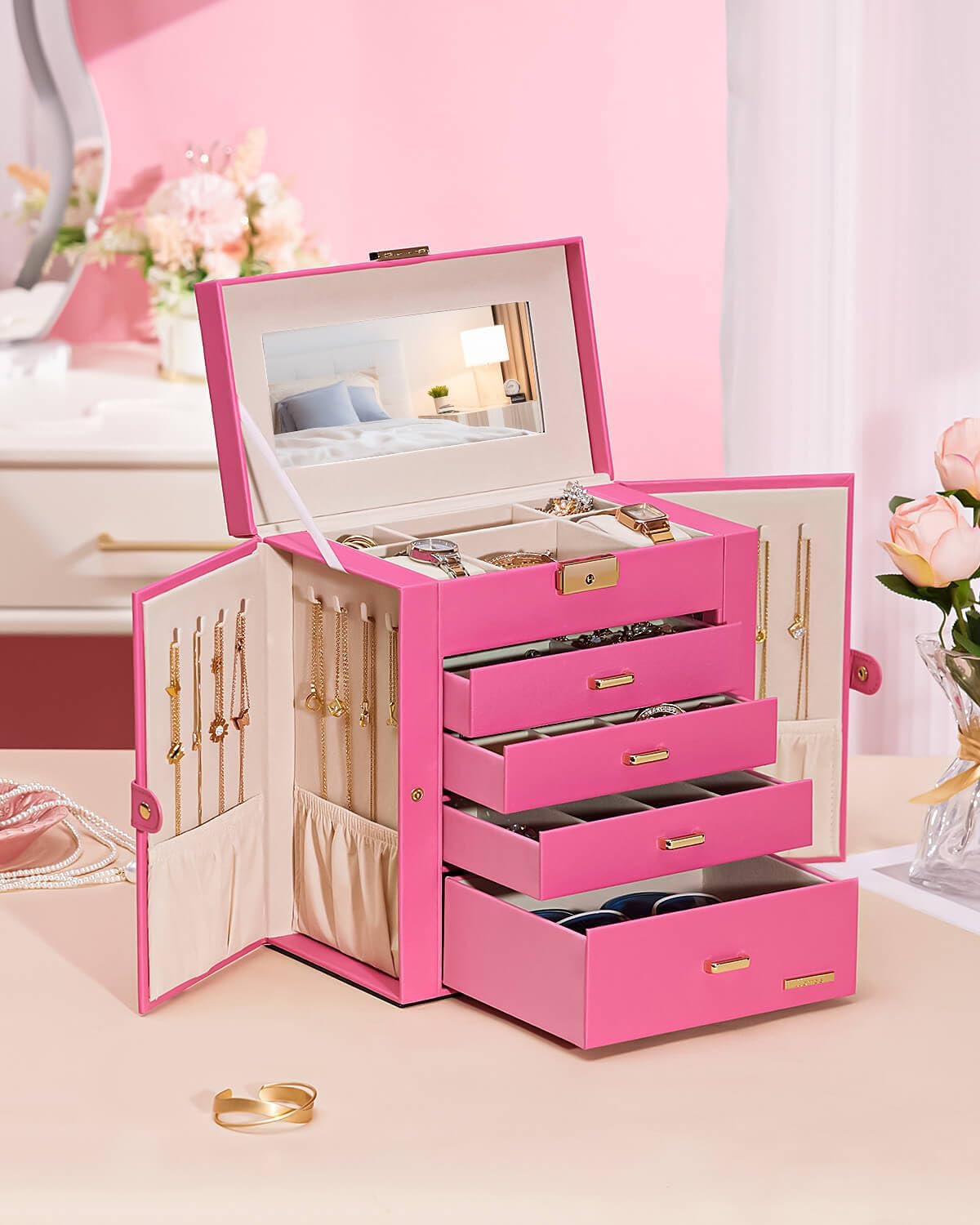 Synthetic Leather Huge Jewelry Box Mirrored Watch Organizer Necklace Ring Earring Storage Lockable