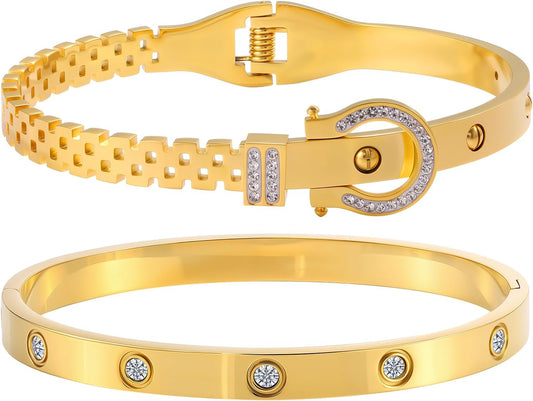 2PCS Gold Bracelets for Women Friendship & Love Theme Crystal Bangle Set Stainless Steel Non Tarnish Jewelry