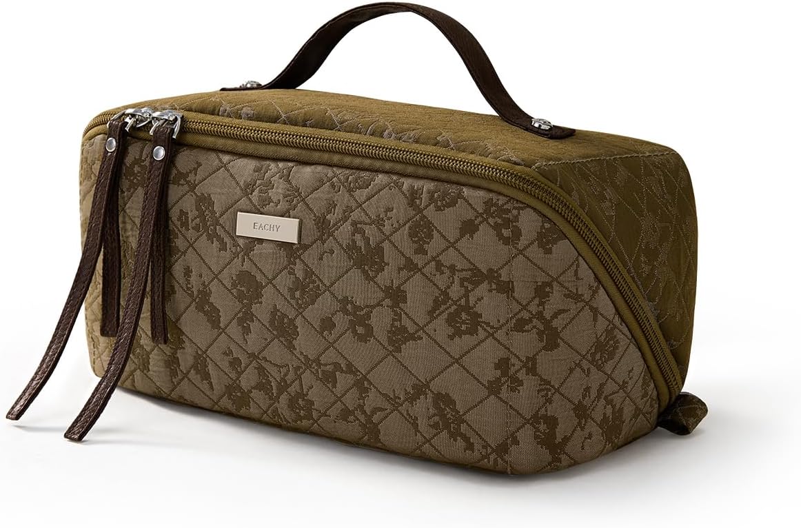 Travel Makeup Bag, Large Capacity Cosmetic Bags for Women, Waterproof Portable Pouch Open Flat Toiletry Bag Pattern Make up Bag (F-Beige)