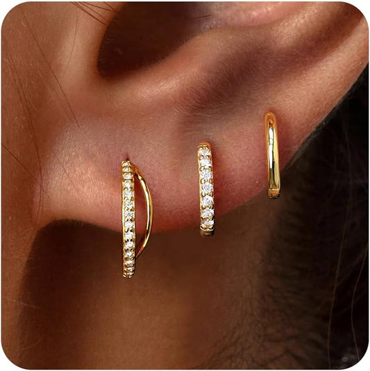 Small Sterling Silver Huggie Hoop Earrings Set for Women, 14K Gold Plated Hoops Stacks for Multiple Piercings