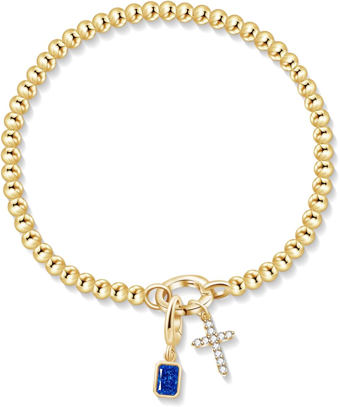 Free bird Cross Birthstone Bracelet | Dainty 14K Gold Plated Cross Charm Bracelet | Stretchable Elastic Gold Beaded Bracelet
