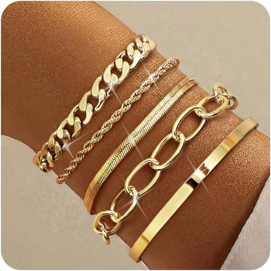 14k Chunky Gold Bracelets for Women Non Tarnish, Womens Gold Bracelet Stack Layered Chunky Chain Bracelets Waterproof Link