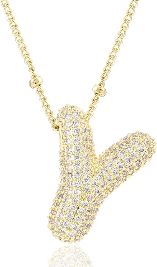 Personalized Chunky Initial Necklace: 14K Gold Plated Bubble Balloon Charm Pendant for Women