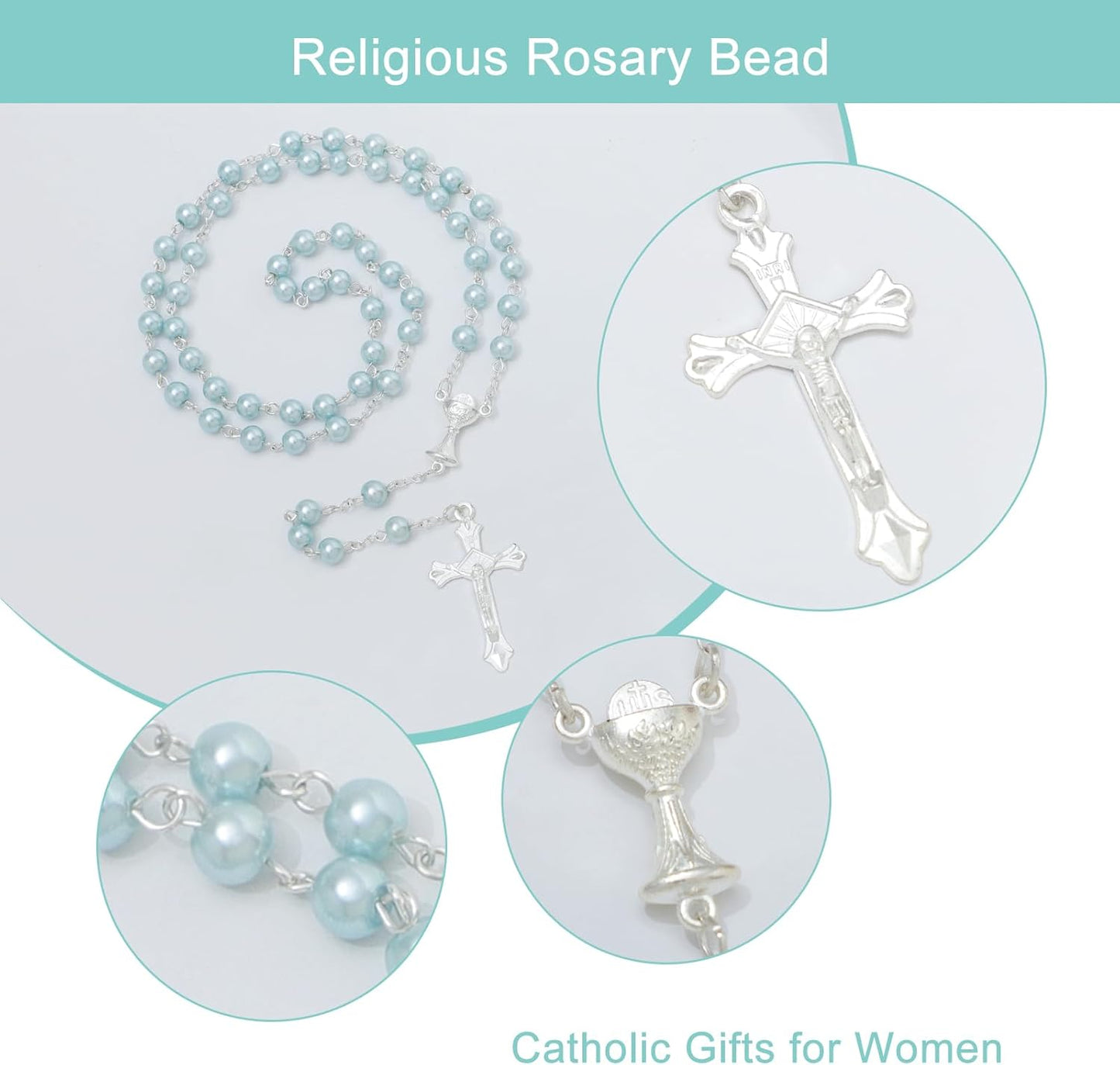 6mm Pearl Rosary Beads With Crucifix - Women's Catholic Prayer Necklace, Gift Box & Pouch Included