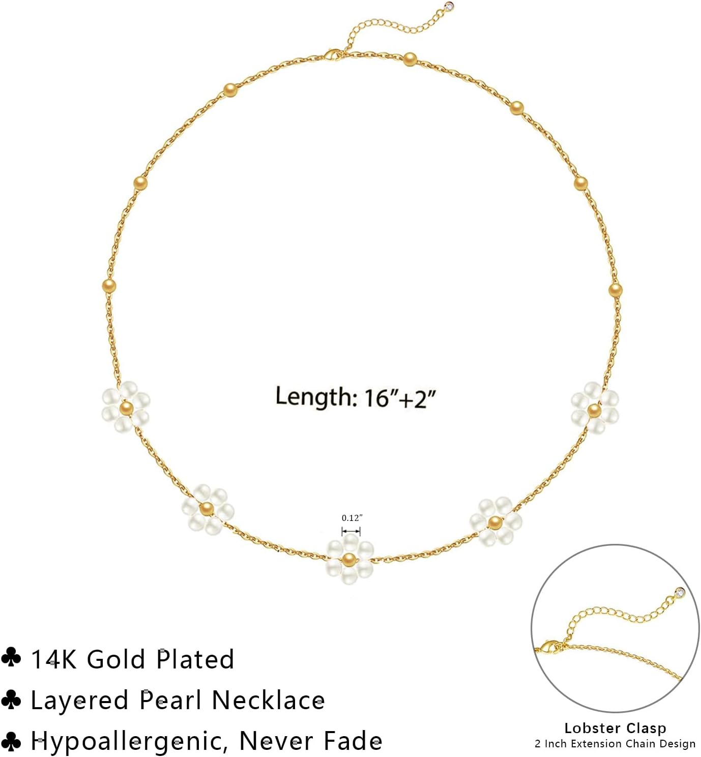 14K Gold Plated Pearl Necklace Set for Women - Dainty Layered Daisy Choker, Elegant Gift