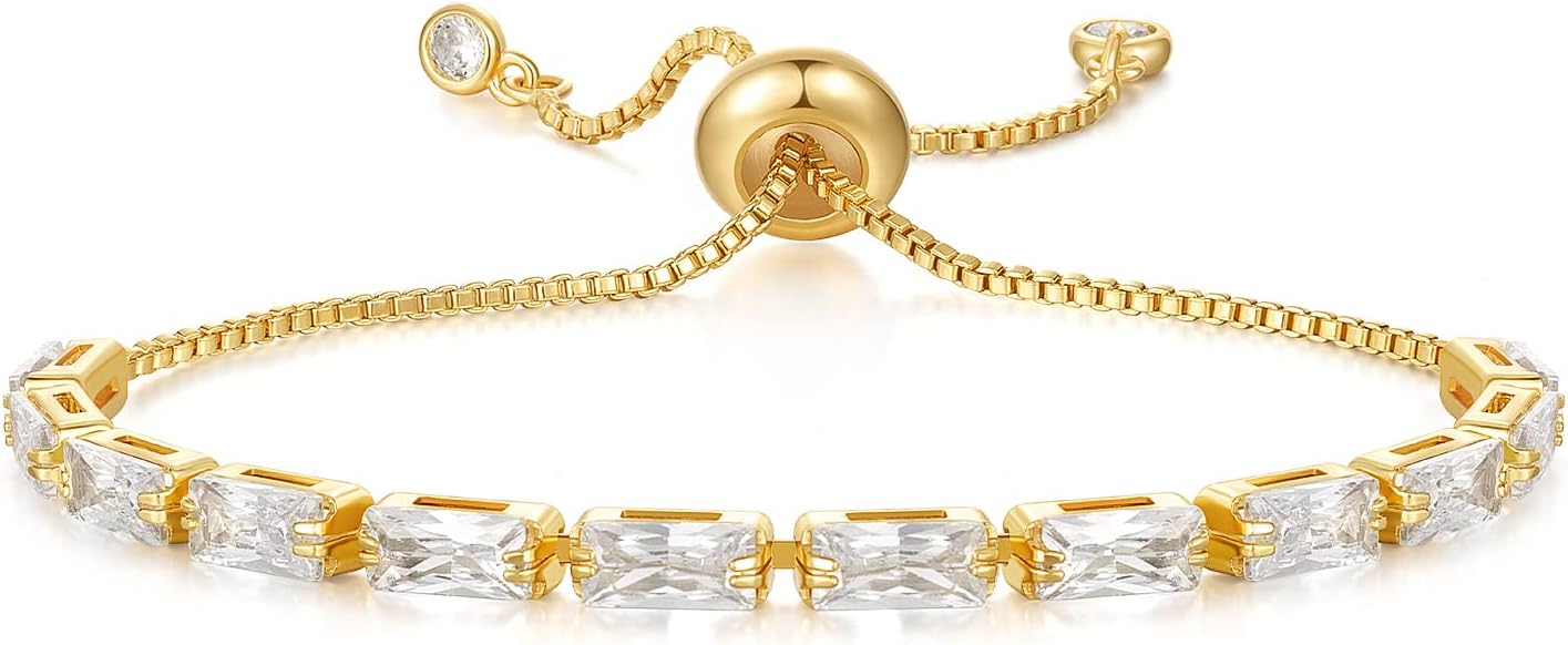 Tennis Bracelet for Women, 14K Gold Plated Cubic Zirconia Adjustable Slider Bracelets Trendy Jewelry Gift