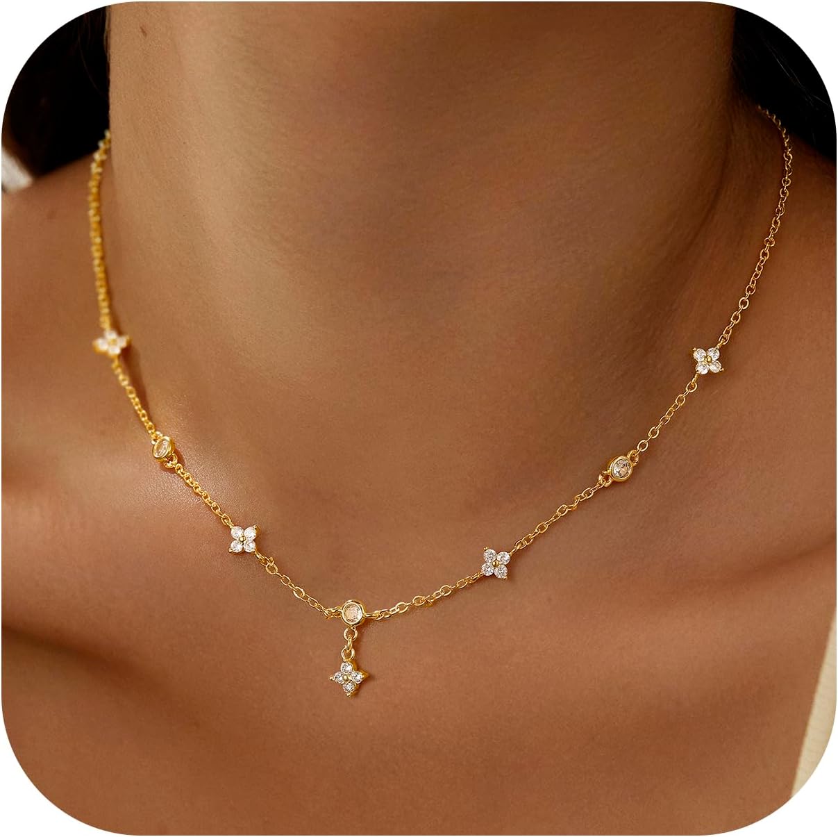 Women's Charm Cluster Choker Necklace - Clover, Heart, Pearl, Butterfly & Star Flower 14K Gold Plated, Cubic Zirconia, Adjustable Trendy Gift