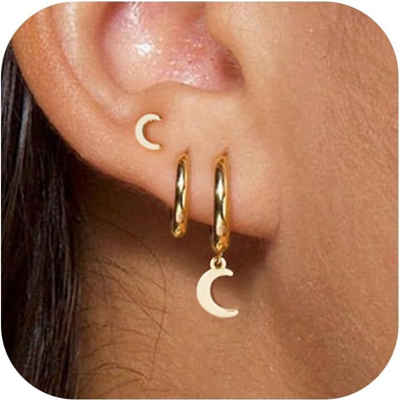 3 Pairs Small Gold Hoop Earring, 14K Gold Plated Earring Stacks Butterfly Heart Star Moon Bow Four Leaf Rhombus Round CZ Pearl