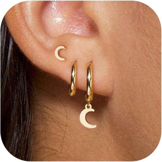 3 Pairs Small Gold Hoop Earring, 14K Gold Plated Earring Stacks Butterfly Heart Star Moon Bow Four Leaf Rhombus Round CZ Pearl