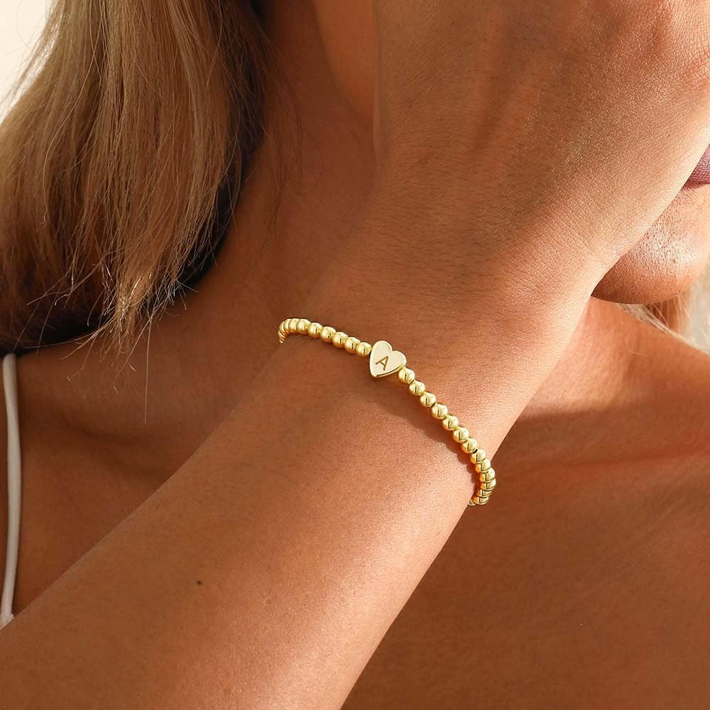 Gold Initial Beaded Bracelets for Women,14K Gold Plated Heart Letter Bracelets Handmade Ball Bead Bracelet
