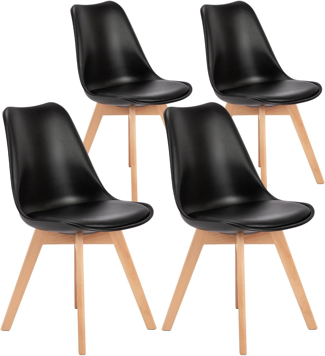 4 Mid-Century Modern Dining Chairs with Wood Legs and PU Leather Cushion - Suitable for Living Room, Bedroom