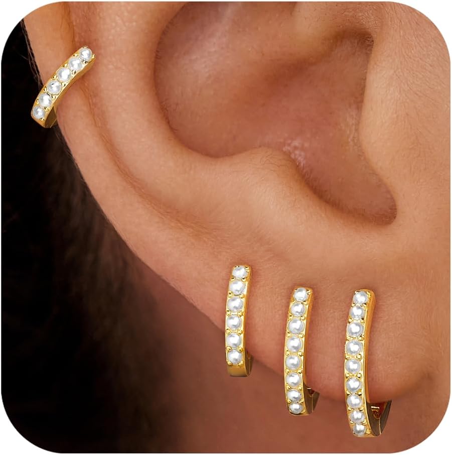 Small Gold Huggie Hoop Earrings Set for Women Men Hypoallergenic 14K Plated Stack Cartilage Earrings, Multiple Piercing