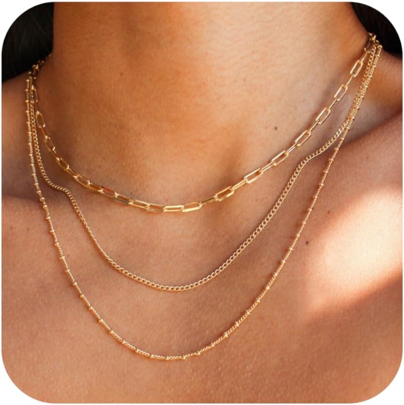 Waterproof Non-Tarnish Necklace Set, 18K Gold Plated Layered Dainty Chains, Stackable Jewelry Gift for Women
