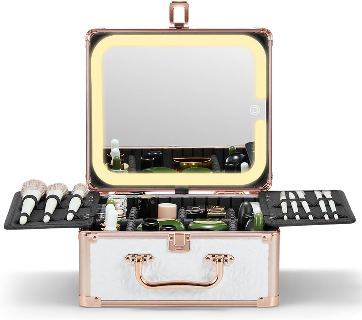 Makeup Box with A Detachable Lighted Mirror, Makeup Suitcase with Adjustable Dividers, Magnetic LED Mirror
