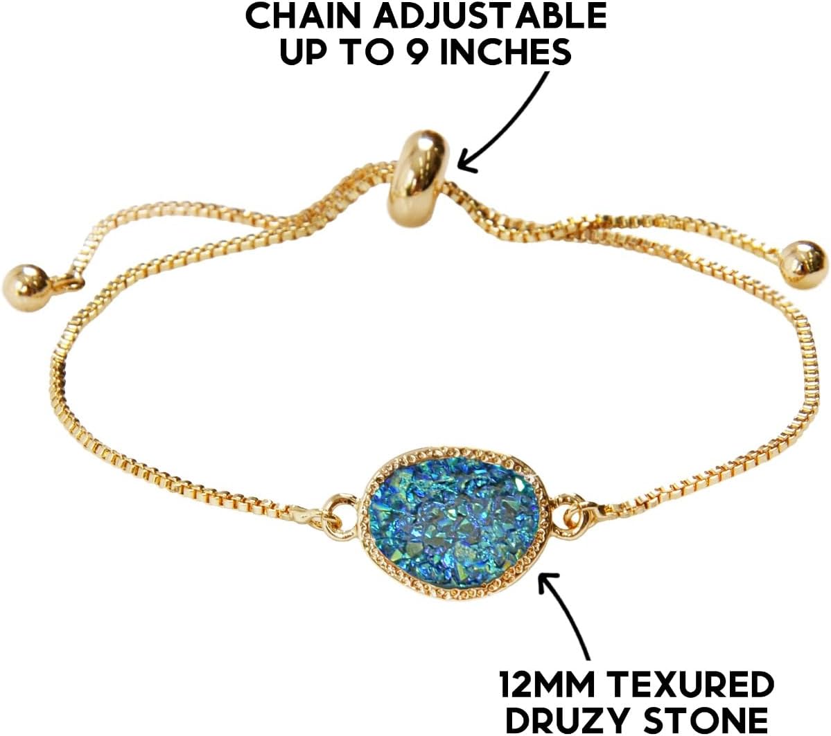 Humble Chic NY Simulated Druzy Chain Bracelet for Women - Boho Stackable Adjustable Bolo Slider Bracelet