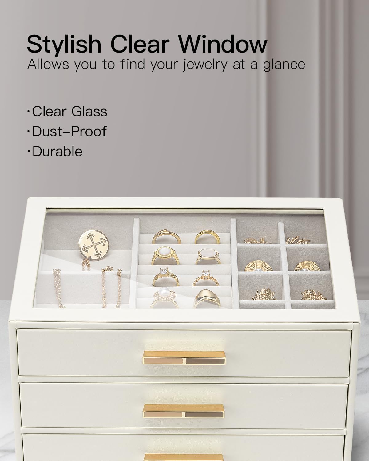 Jewelry Box for Women, Glass Lid Jewelry Organizer with 3 Drawers for Necklaces Rings Earrings Bracelets-Mother Cloud White