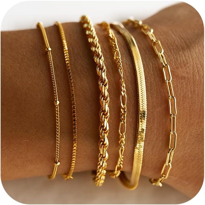 Gold Bracelets for Women Waterproof, 14K Real Gold Jewelry Sets Trendy Thin Dainty Stackable Cuban Link