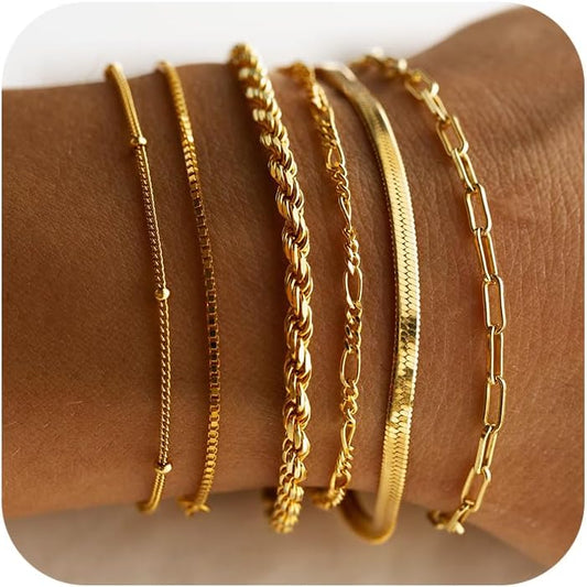 Gold Bracelets for Women Waterproof, 14K Real Gold Jewelry Sets Trendy Thin Dainty Stackable Cuban Link