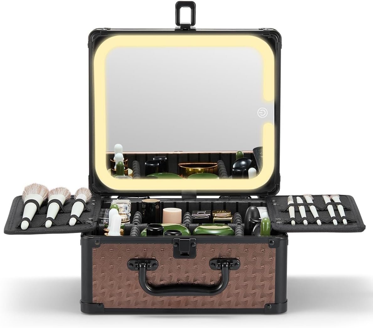 Makeup Box with A Detachable Lighted Mirror, Makeup Suitcase with Adjustable Dividers, Magnetic LED Mirror