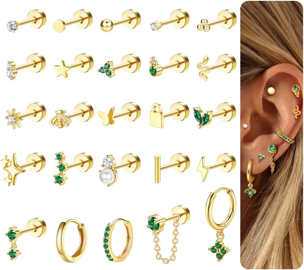 25 Pcs Hypoallergenic Earrings for Sensitive Ears Surgical Stainless Steel Earrings for Women Dainty Flat Back Earring Studs Hoop