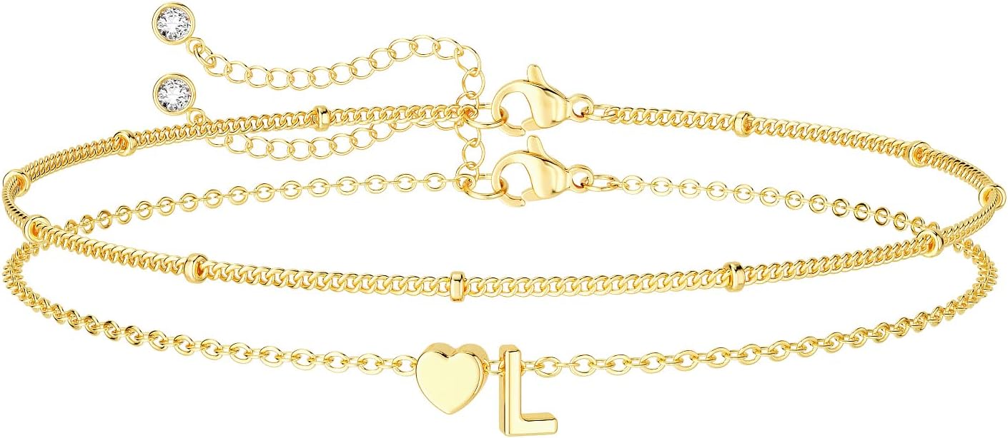 Dainty Initial Heart Gold Bracelets for Women Trendy, 14K Real Gold Letter Charm Bracelet Jewelry