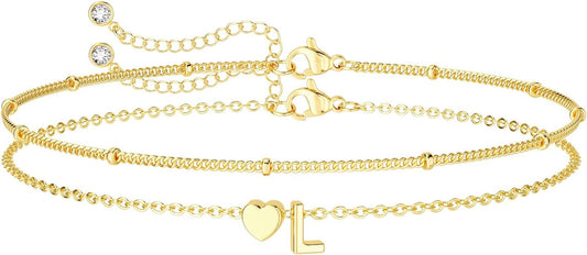 Dainty Initial Heart Gold Bracelets for Women Trendy, 14K Real Gold Letter Charm Bracelet Jewelry