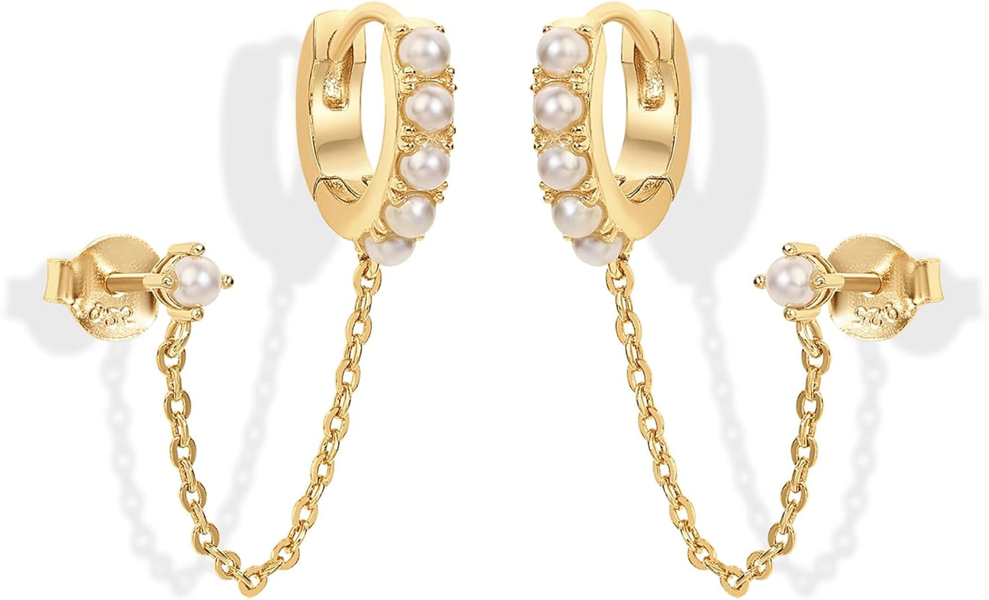 14K Gold Chain Earrings for Women | Double Piercing Dangle Chain Huggie Hoop Earrings | Cubic Zirconia Pearl Stud Ear Cuff Earrings for Women