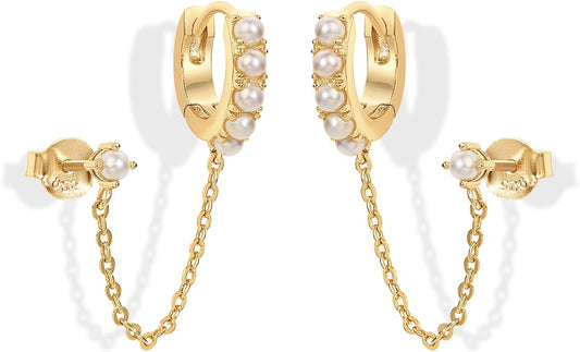 14K Gold Chain Earrings for Women | Double Piercing Dangle Chain Huggie Hoop Earrings | Cubic Zirconia Pearl Stud Ear Cuff Earrings for Women