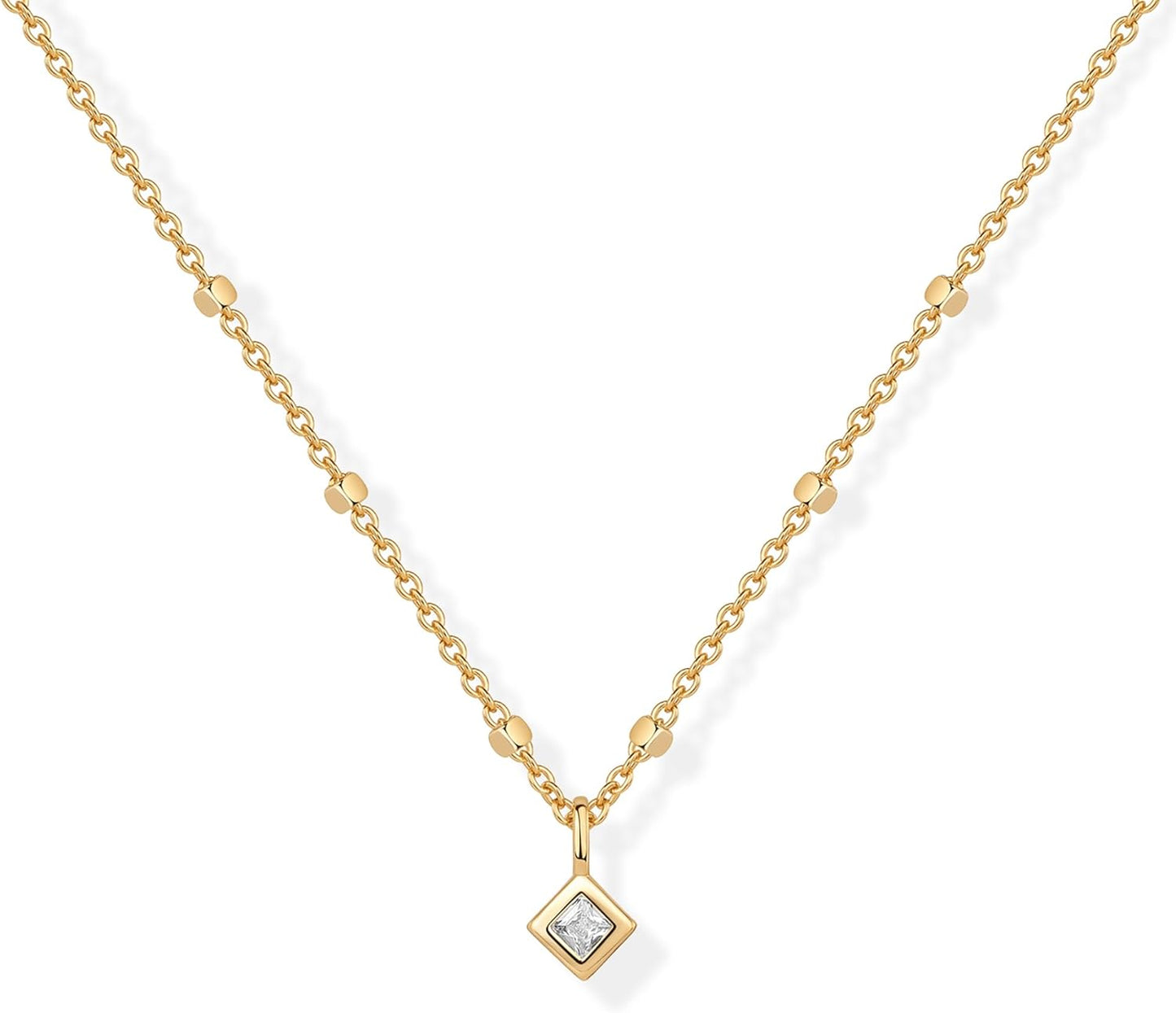14K Gold Beaded Chain Necklace with Solitaire CZ Pendant