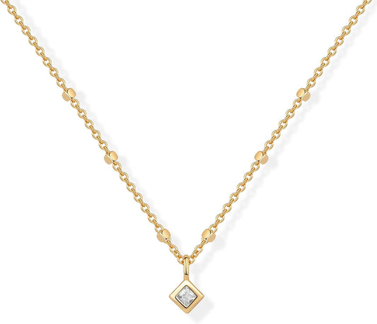 14K Gold Beaded Chain Necklace with Solitaire CZ Pendant