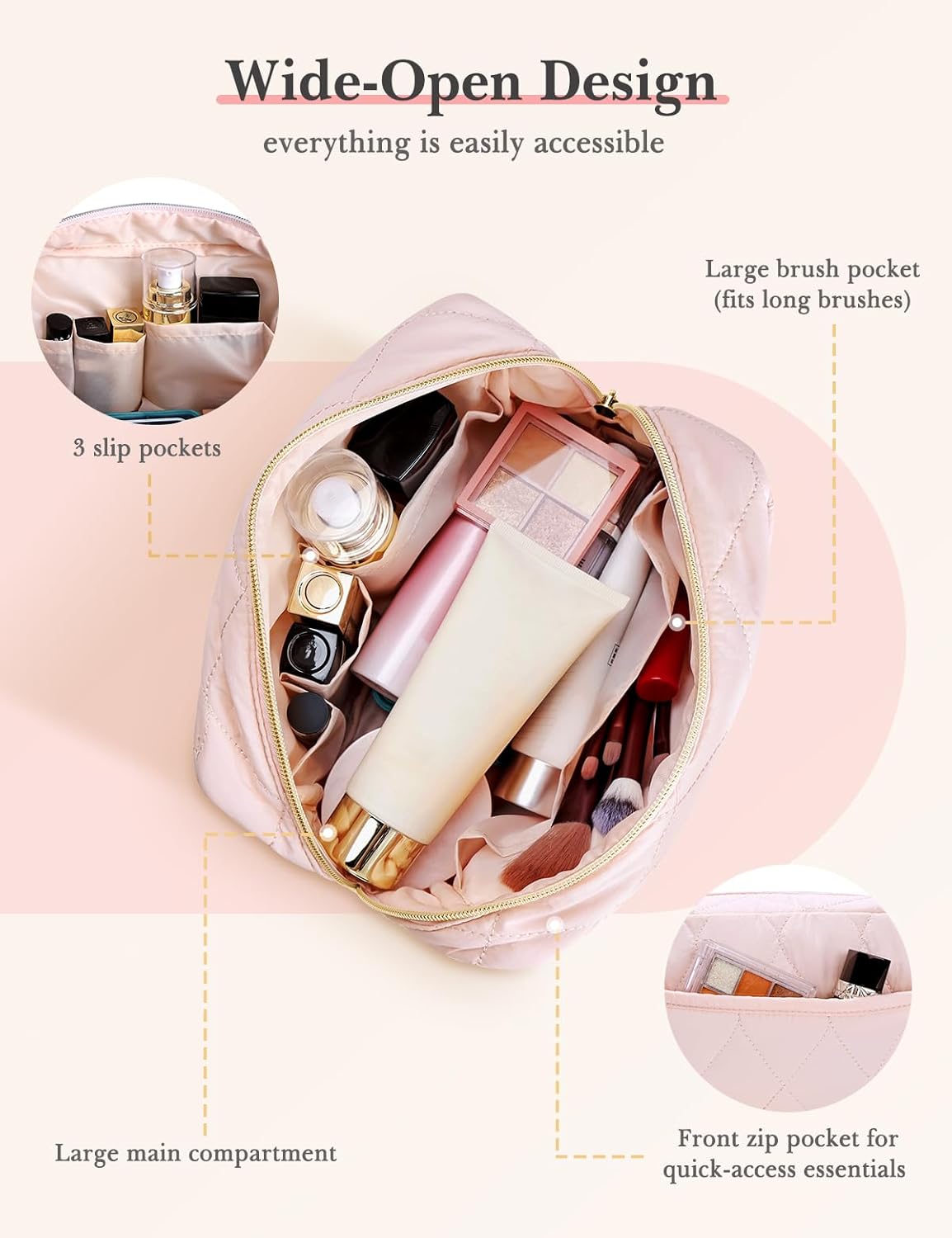 Makeup Bag, Travel Cosmetic Bag, Puffy Padded Toiletry Bag for Women, Wide-open Pouch Purse