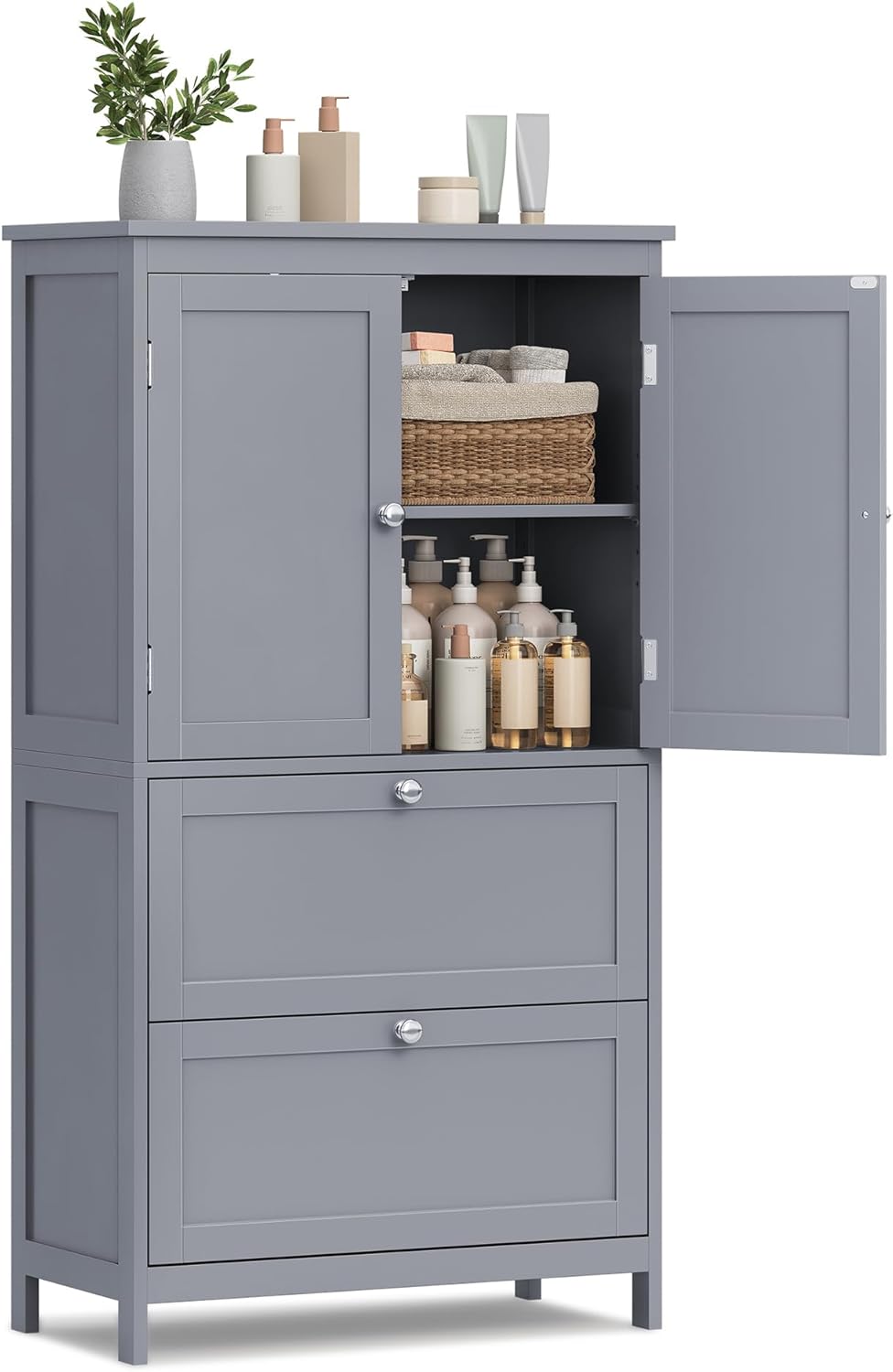 Floor Storage Cabinet, Freestanding Storage Unit with 2 Drawers and 2 Doors, Adjustable Shelf
