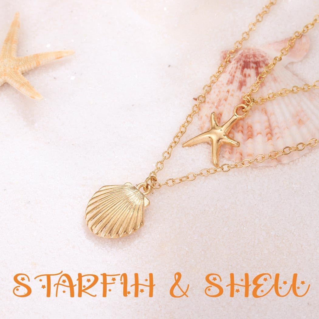 Boho Starfish & Seashell Necklace for Women - Adjustable Layered Beach Chain
