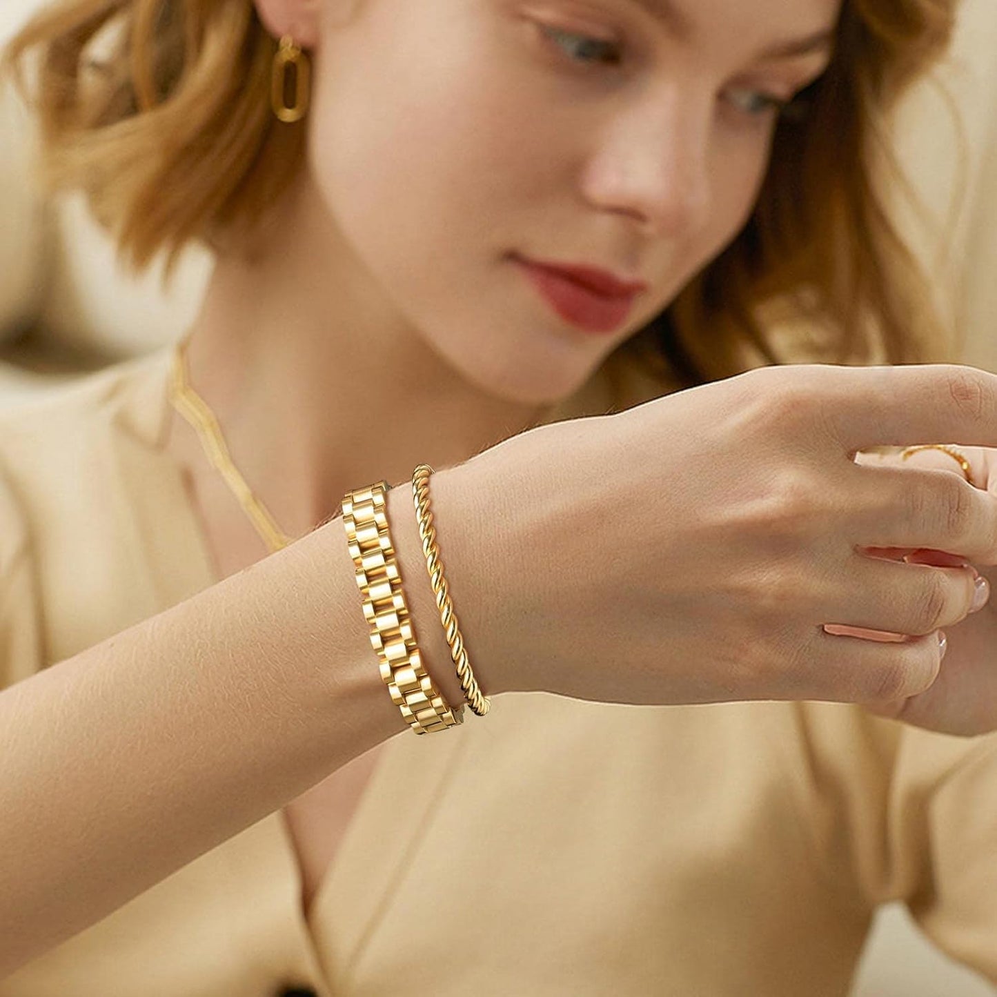 2pcs Gold Chain Link Bracelet, Stainless Steel Crystal Friendship Bracelets Bangle,Watch Band Chains Wristband