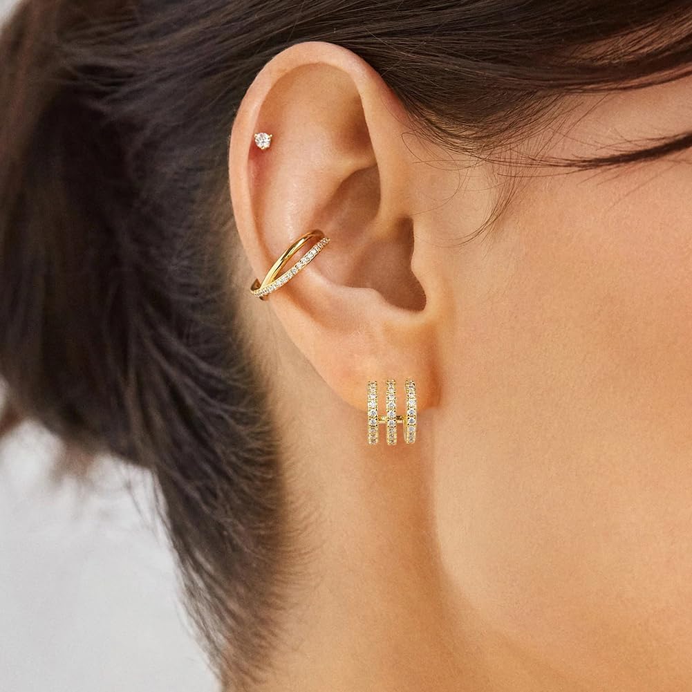 14K Gold Plated Triple Huggie Illusion Stud Earrings | Double Huggie Hoop Earrings for One Hole | Gold Hoop Earrings for Women