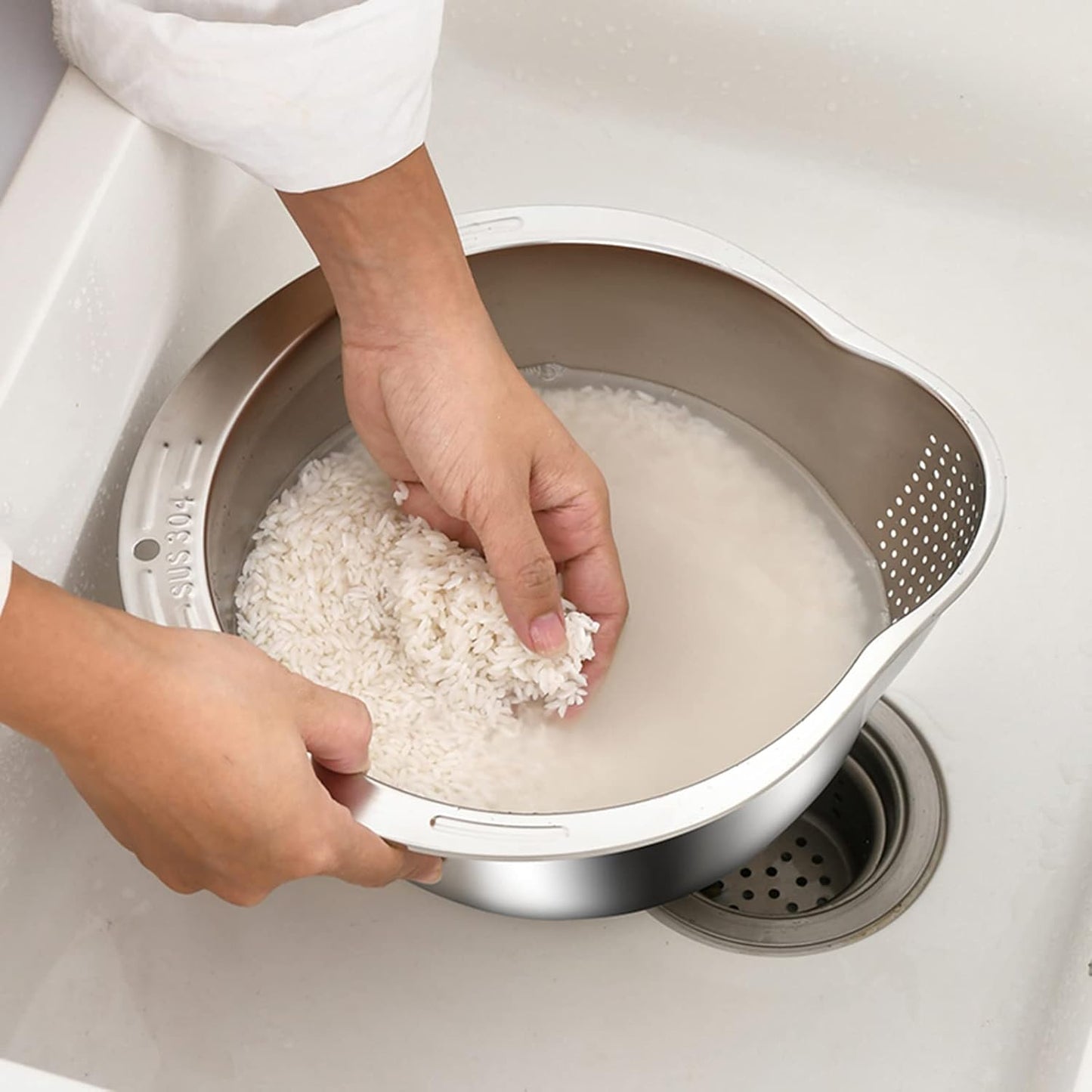 4-in-1 Washing Bowl for Quinoa, Stainless Steel Rinser With Side Drainers Small Colander for Cleaning Fruits, Vegetables