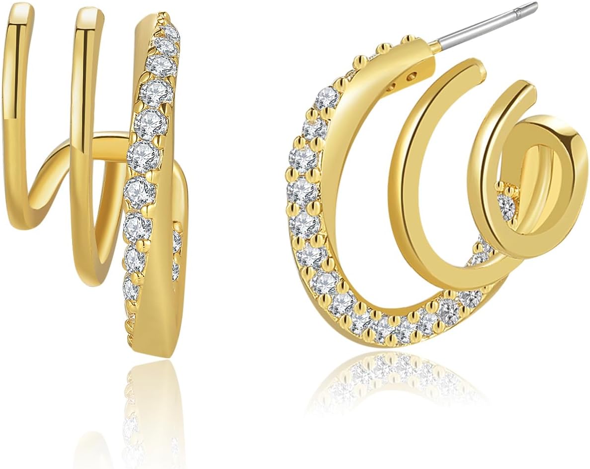 14K Gold Plated Triple Huggie Illusion Stud Earrings | Double Huggie Hoop Earrings for One Hole | Gold Hoop Earrings for Women