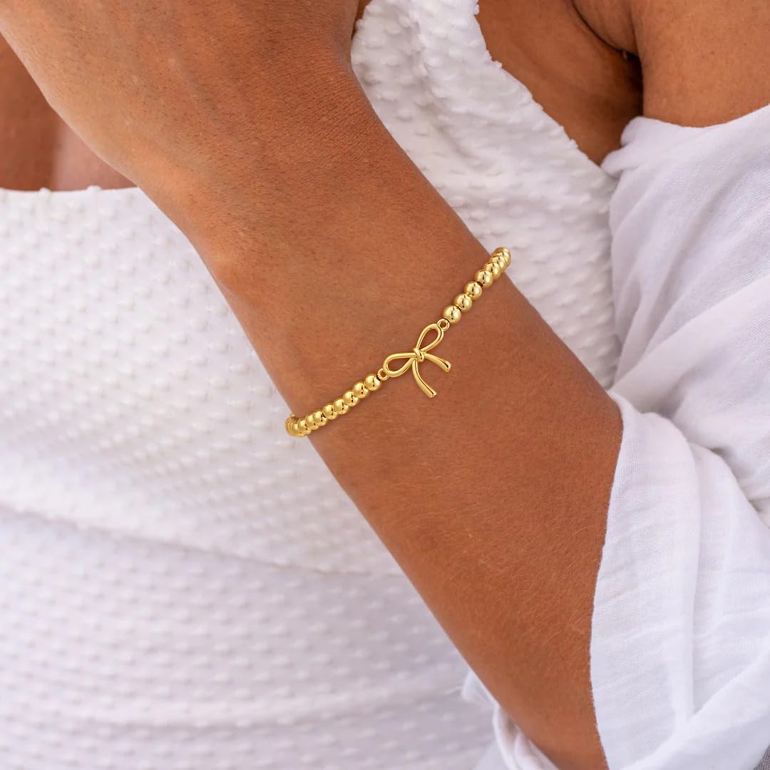 Gold Bracelets for Women 14K Gold Plated Beaded Bracelets Gold Stretch Bead Bracelet Handmade Ball Charm Bracelet