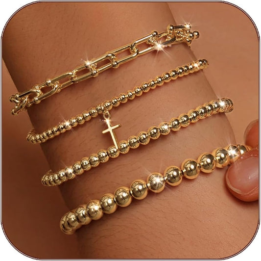 Gold Bracelets for Women 14K Gold Plated Cross Bracelet Strand Bead Ball Bracelets stack Set Chunky Chain Bracelet Trendy