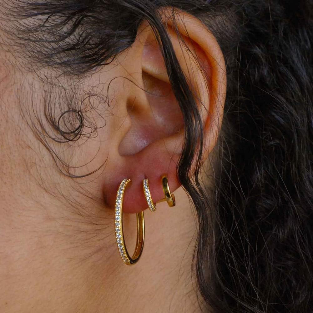 14K Gold Plated Triple Huggie Illusion Stud Earrings | Double Huggie Hoop Earrings for One Hole | Gold Hoop Earrings for Women