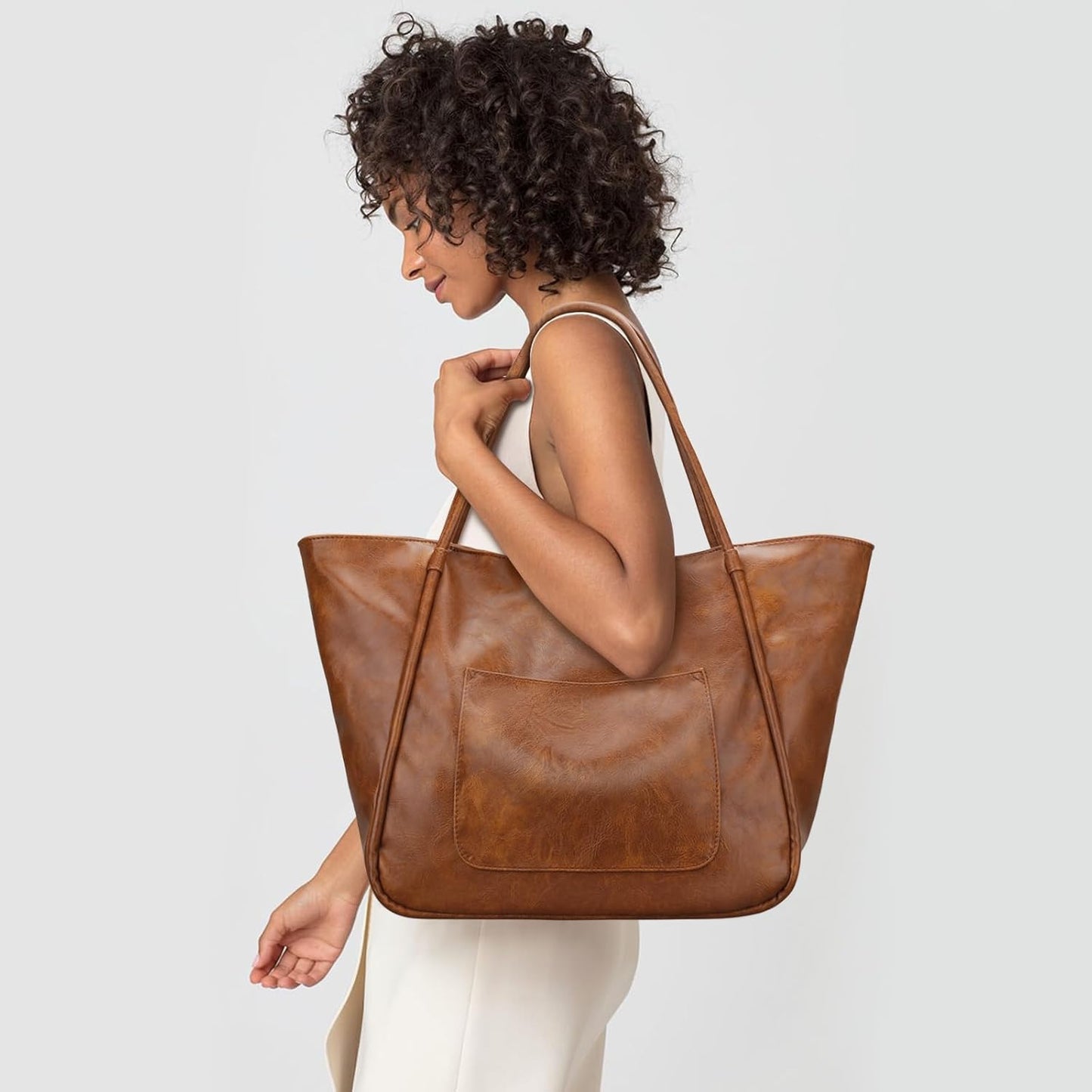 Large Tote Bag for Women with Zipper Work Leather Travel Purse and Handbags