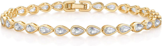 14K-18K Gold Plated Simulated Diamonds Bezel Set Tennis  -  Round Pear Heart Statement Bride Gold Bracelet Stack - Sizes 6.5-7.5 Inch