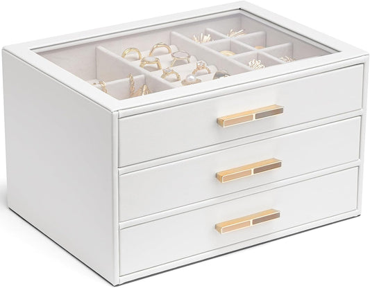 Jewelry Box for Women, Glass Lid Jewelry Organizer with 3 Drawers for Necklaces Rings Earrings Bracelets-White
